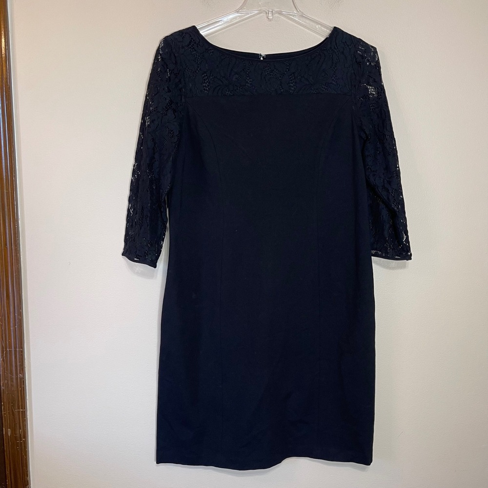 Talbots Womens Black Lace Yoke 3/4 Sleeve Sheath‎ Dress Size 14 Ponte Knit LBD